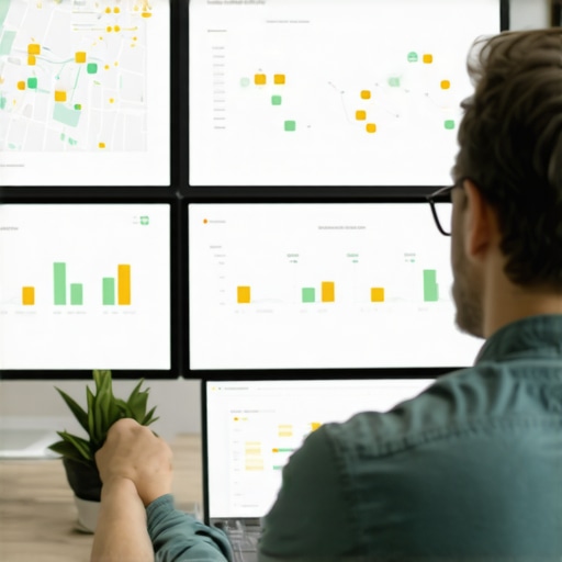 Business owner reviewing local SEO analytics and maps on computer screens.