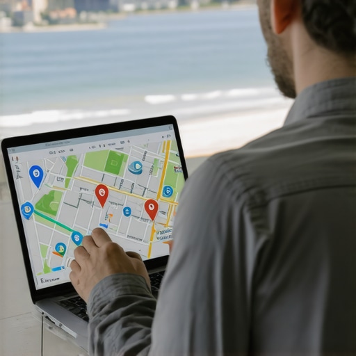 Digital marketing expert working on local maps and SEO strategies with Virginia Beach skyline in background.