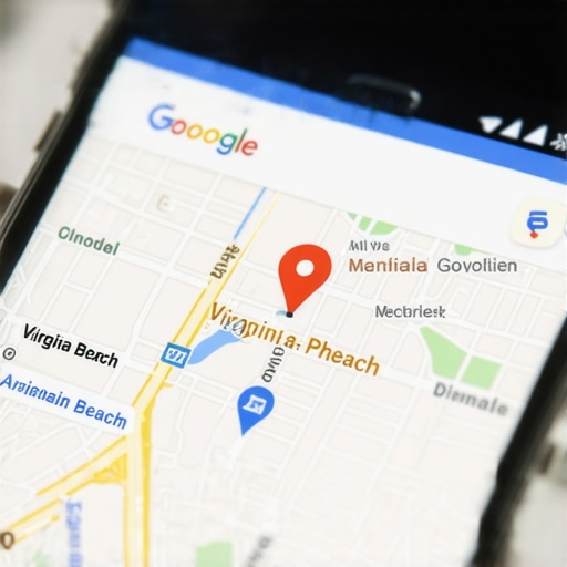 Smartphone displaying a Google Maps listing with Virginia Beach landmarks