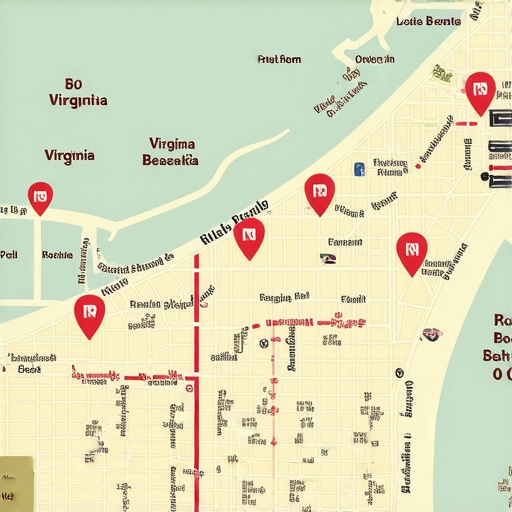 Map of Virginia Beach with local business markers and SEO icons