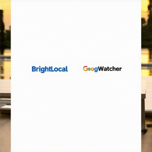 A modern desk setup displaying SEO tools dashboards like BrightLocal and Google Search Console with Virginia Beach scenery in the background.