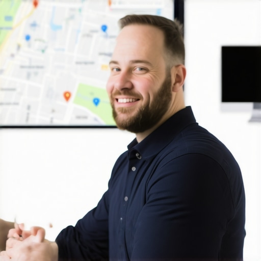 Business owner working on Google My Business profile with maps and digital tools in Coastal Virginia