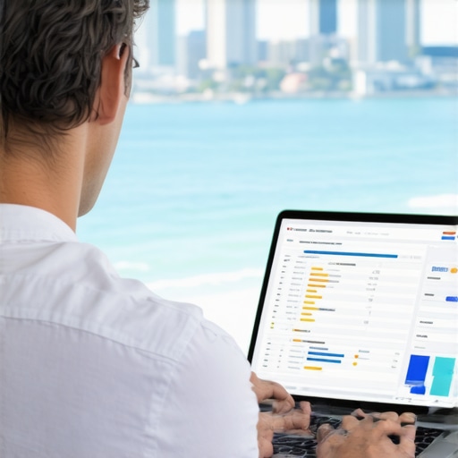 Analyzing Local SEO Data in Virginia Beach Business owner working on local SEO analytics with Virginia Beach cityscape behind