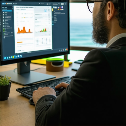 A person reviewing local SEO analytics on computer screens in an office with coastal Virginia scenery
