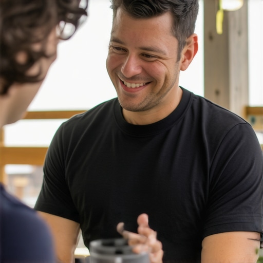 Business owner managing reviews and optimizing GMB profile by the coast.