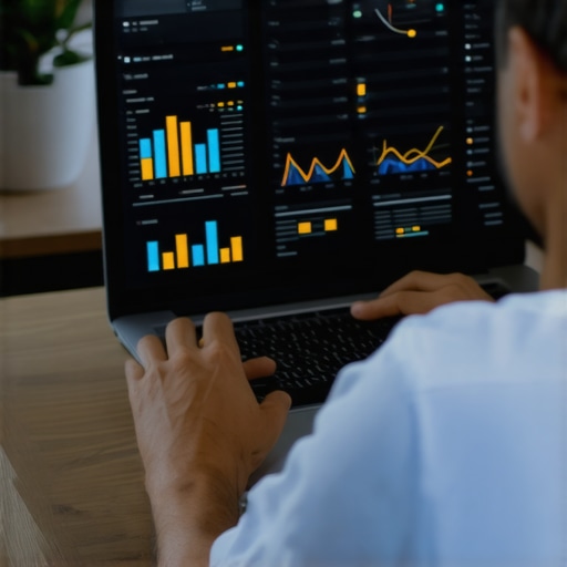 Person reviewing local SEO and ranking data on a laptop with graphical analytics.