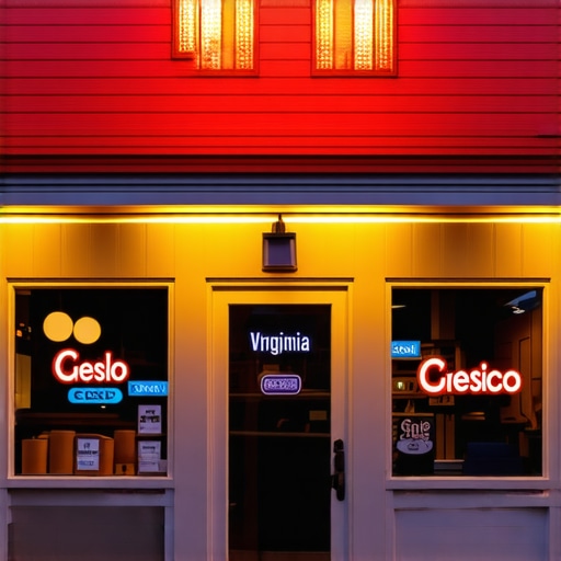 A lively Virginia Beach store front at sunset, representing local business visibility.