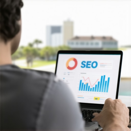 Business owner reviewing SEO metrics with Virginia Beach scenery