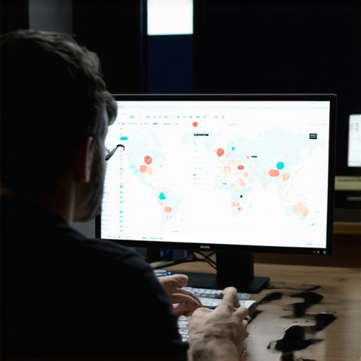 Data Analysis for Local SEO Success Person reviewing SEO analytics on computer screens with local maps and ranking charts.