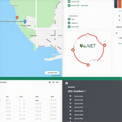 Screenshot of a Virginia Beach business SEO analytics dashboard with maps and search ranking data.