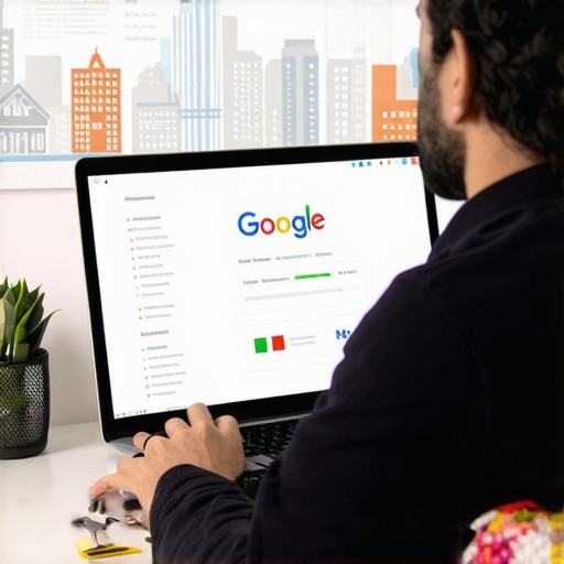 Business owner working on Google My Business profile with Virginia Beach landmarks in background