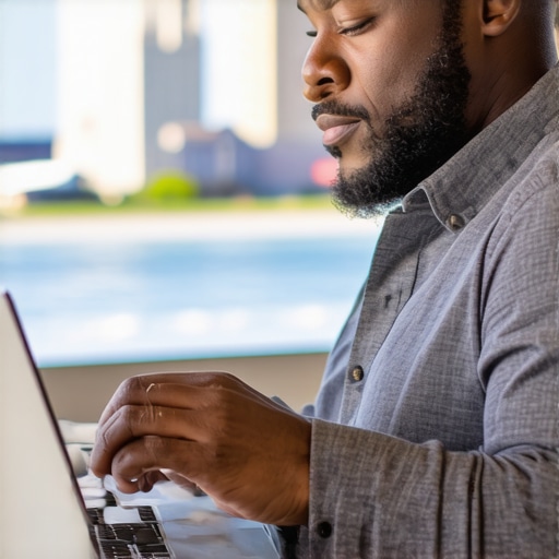 Business owner updating GMB profile with Virginia Beach landmarks in background.