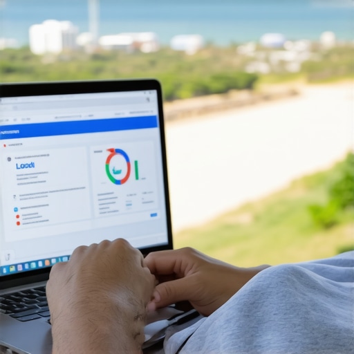 Person reviewing SEO analytics on a laptop with Virginia Beach scenery