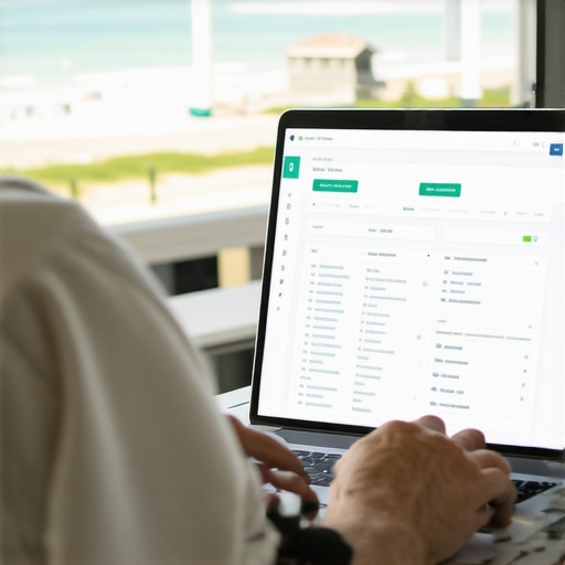 Person reviewing local SEO analytics on a laptop with Virginia Beach landmarks behind