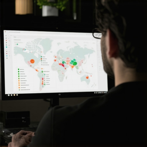 Digital marketer examining local maps and SEO analytics on a computer screen.