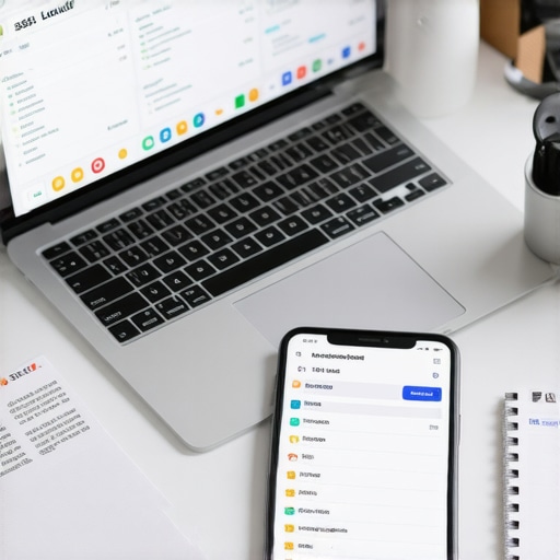 A desktop workspace with SEO software, smartphone, and notes for local business optimization.