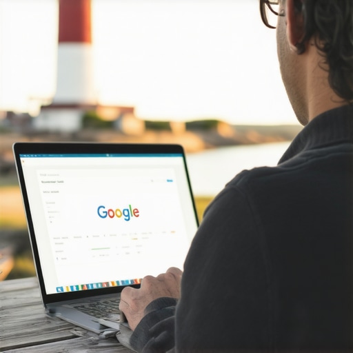 Business owner editing Google My Business listing with Virginia Beach lighthouse in the background.