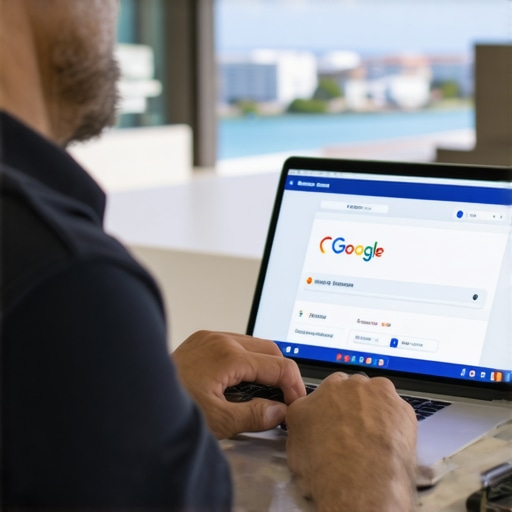 Business owner updating google my business profile on a laptop with Virginia Beach scenery in background.