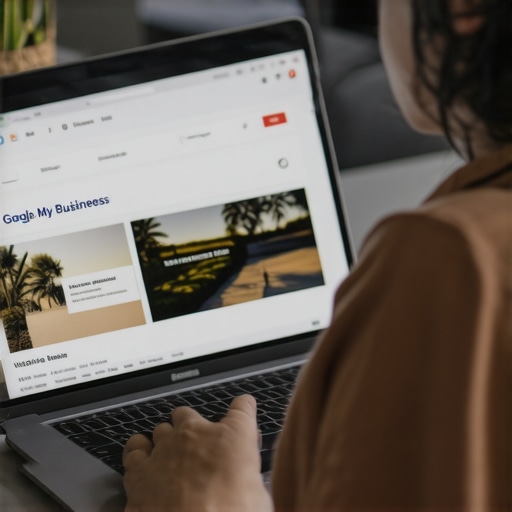 Person updating Google My Business profile on laptop with Virginia Beach scenery.