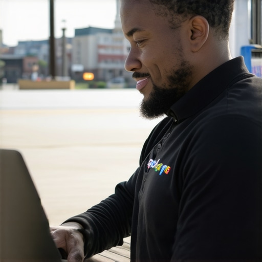Business owner updating GMB profile with Virginia Beach landmarks in background.