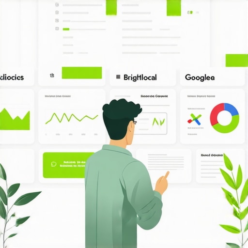 A business owner reviewing local SEO analytics on a computer screen, highlighting the importance of tools like BrightLocal and Google Search Console.